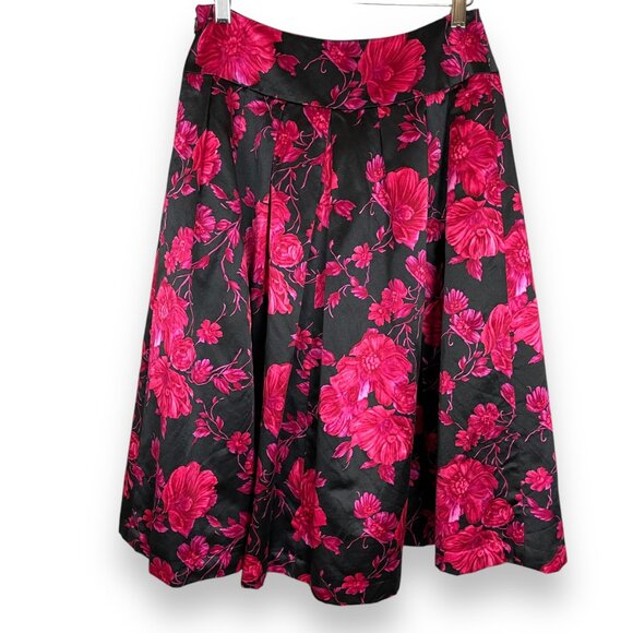 Talbots Floral Skirt Cotton‎ Silk A-Line Black Bright Pink Pleats Size 4 Petite - Picture 1 of 14